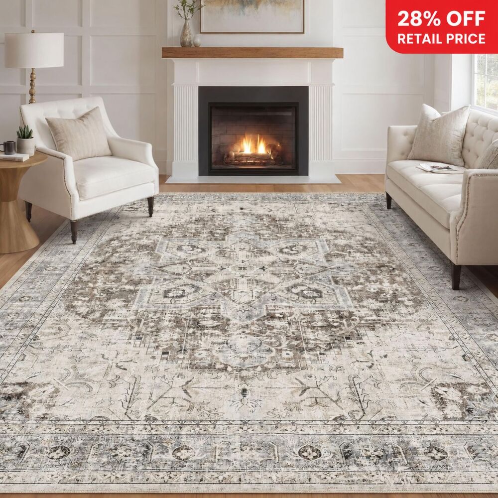 Brand New Tortania Washable Boho Area Rug – Brown/Blue, 9' × 12'